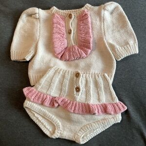 Kalinka Cream and Pink Knit Sweater and Bloomers Set 6m
